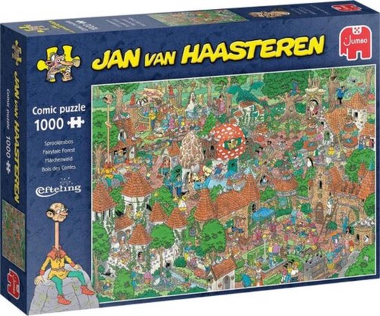 Doos met Jan van Haasteren Efteling Sprookjesbos 1000 stukjes puzzel. Illustratie van een drukke bos met huisjes en figuurtjes.