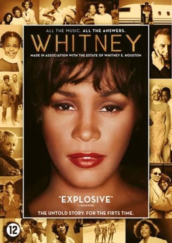 Filmcover 'Whitney' met close-up van Whitney Houston en collage van foto's.