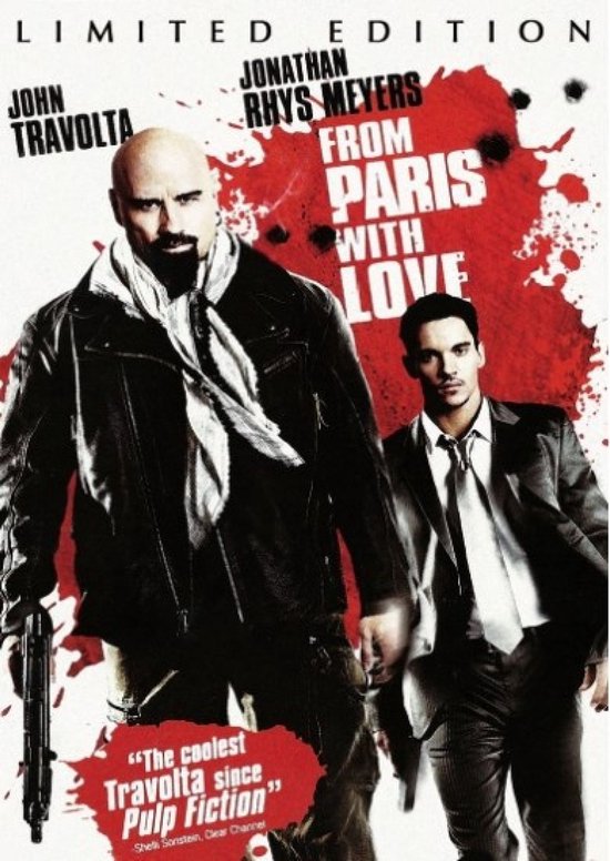 DVD-hoes met John Travolta en Jonathan Rhys Meyers. Travolta met leren jas en wapen, Meyers in pak.