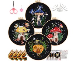 4‑delige Beginners Borduurpakket – Paddenstoelen & Bloemen – Kruissteek DIY Set met Instructies-Belle's product