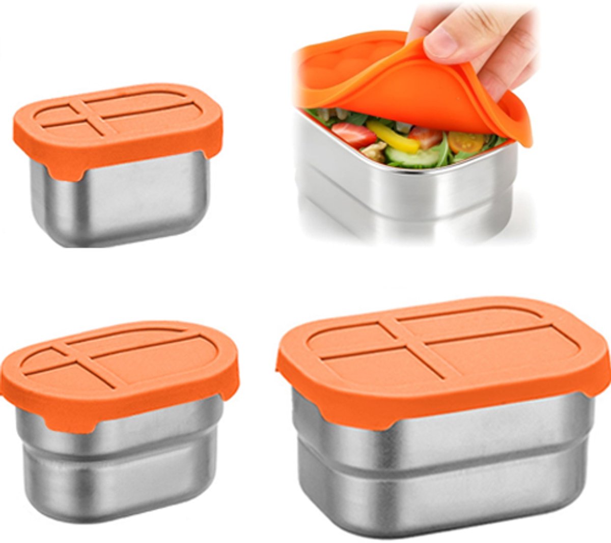 Vershoudbakjes - RVS snackdoosjes - Set van 3 - Lunchbox - Lekvrij - Roestvrij staal - Vaatwasserbestendig - Herbruikbaar - Voor school, kantoor en keuken - Voor snacks en fruit - Oranje kleur