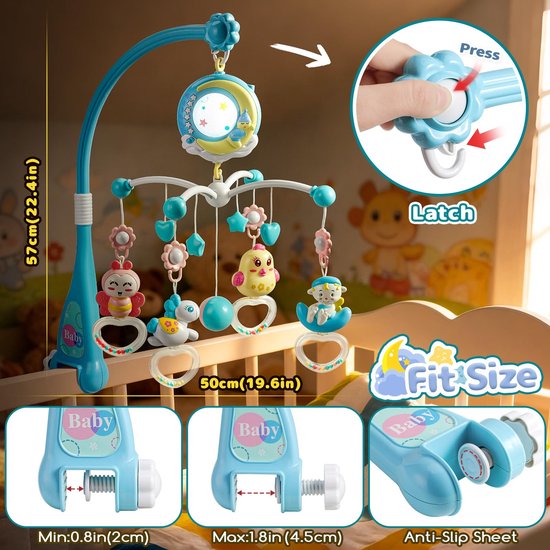 Blauwe baby mobiel met maan, lammetje, paardje, vlinder en kip rammelaars; met klem- en anti-slip details.