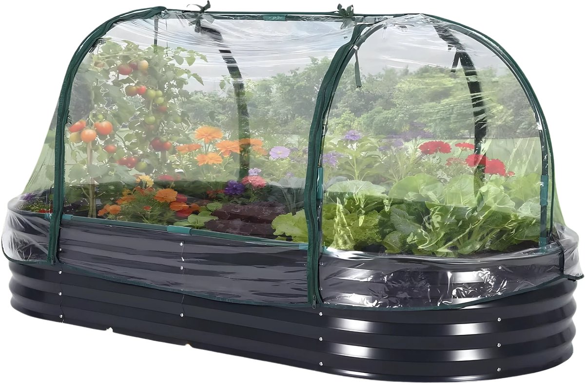 Verhoogd tuinbed - Voor groenten kweken in de tuin - Met deksel en ritssluiting - Gegalvaniseerd staal, ovaal - Grijs-180x90x30cm