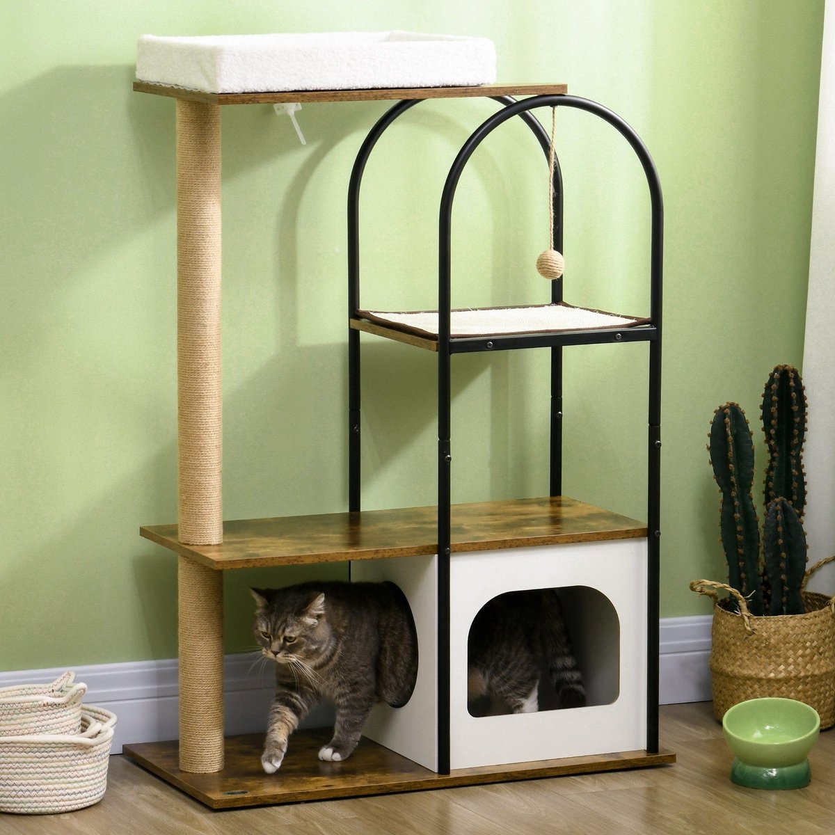 Krabpaal – Krabmeubel – Krabton – Klimpaal – Kattenhuis – 4 Niveaus – Kantelbescherming – 80x40x118,5 cm – Bruin/Wit