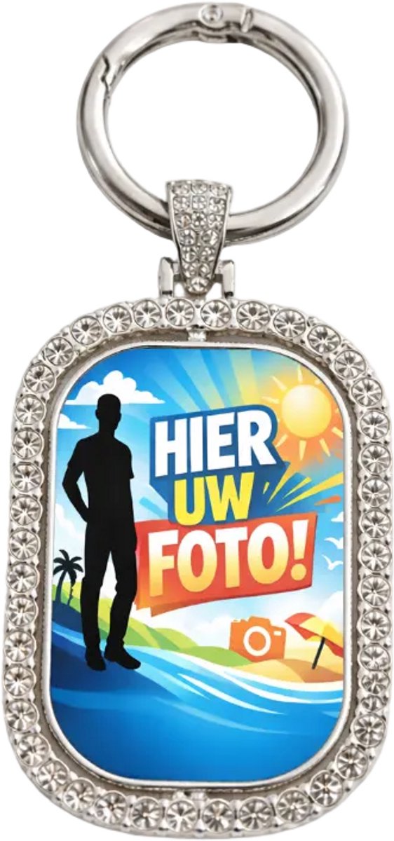 Gepersonaliseerde metalen sleutelhanger met foto en tekst – dubbelzijdige fotoprint – draaibare kern – ingelegd met imitatiesteentjes