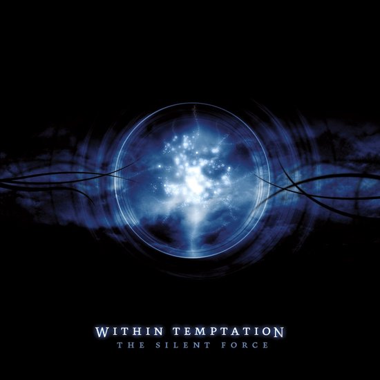 Albumcover 'The Silent Force' van Within Temptation met een blauwe, glinsterende kern in een cirkel op een zwarte achtergrond.