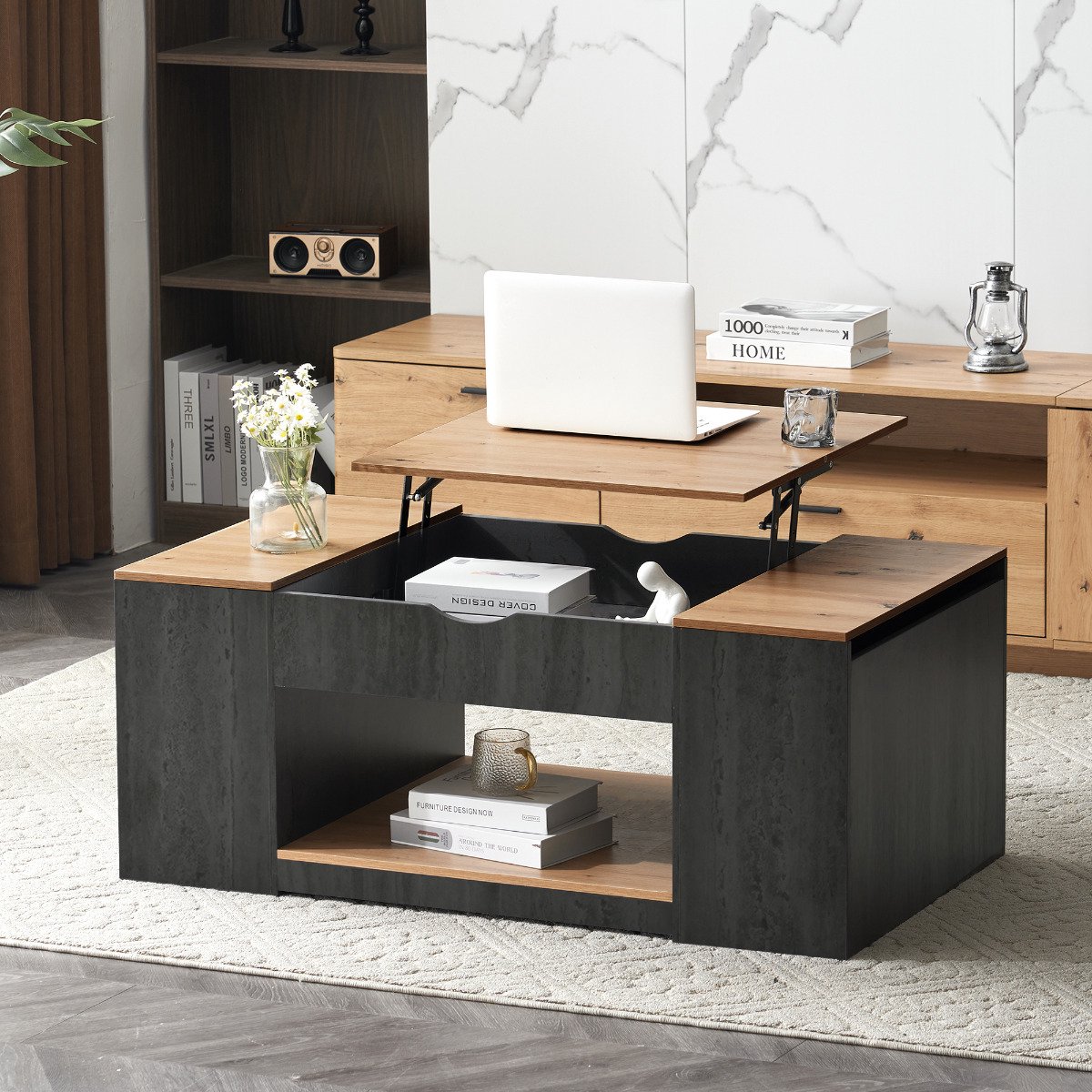 Salontafel - Grijstint - Liftfunctie - Opbergruimte - Houten Blad