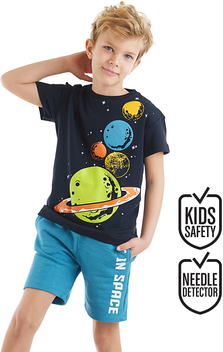 MSHB&G MS-23Y1-028 Blauwe Jongens T-shirt en Short Set met Planeet Print 140