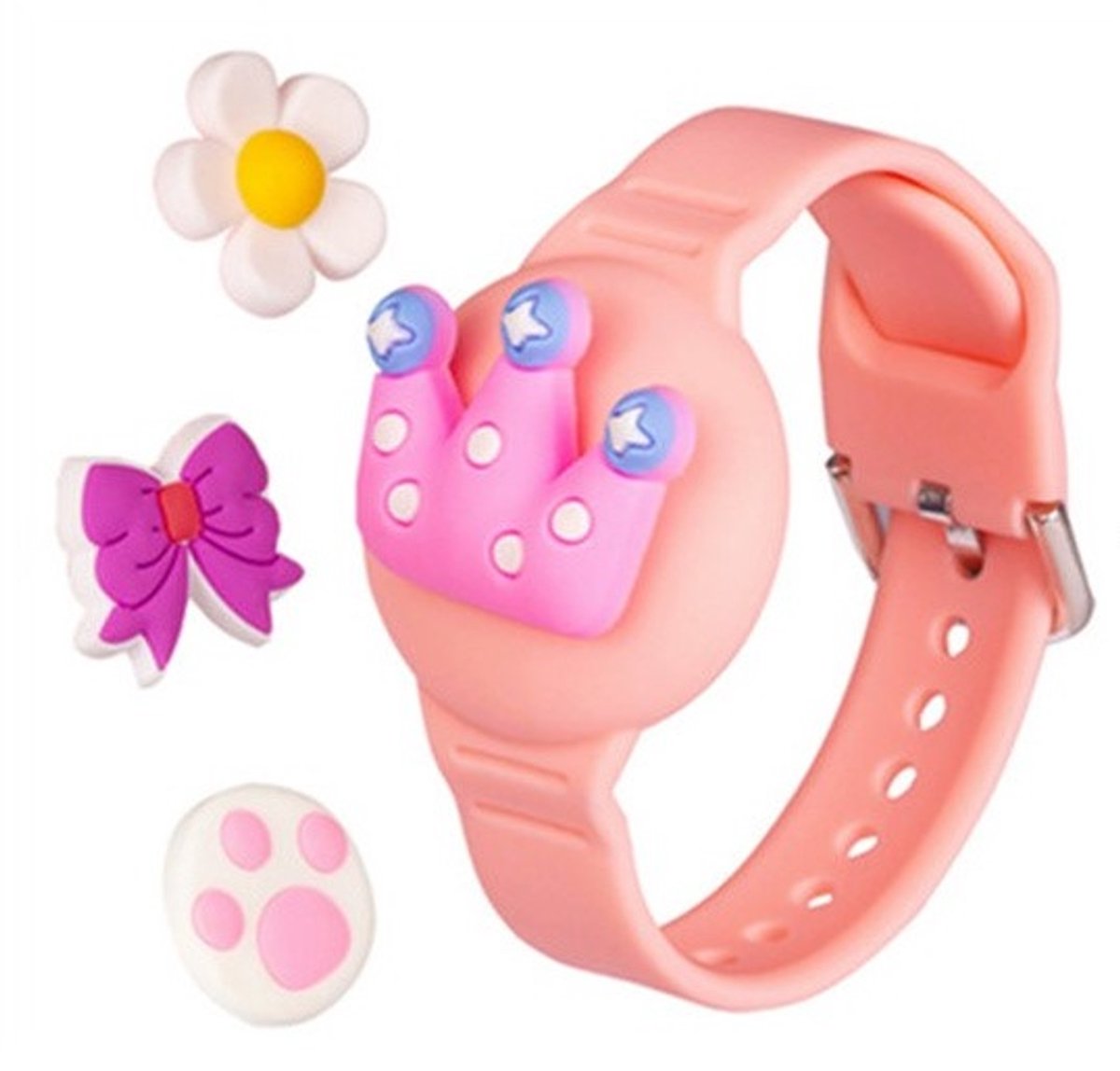 Telestore - armband Polsband horloge geschikt voor Apple Airtag - Airtag Sleutelhanger - Airtag Polsband Voor Kinderen - Airtag Armband Houder - Airtag Hoesje - bandje met verwisselbare cover - kroon pootje bloem - roze - + gratis screenprotector