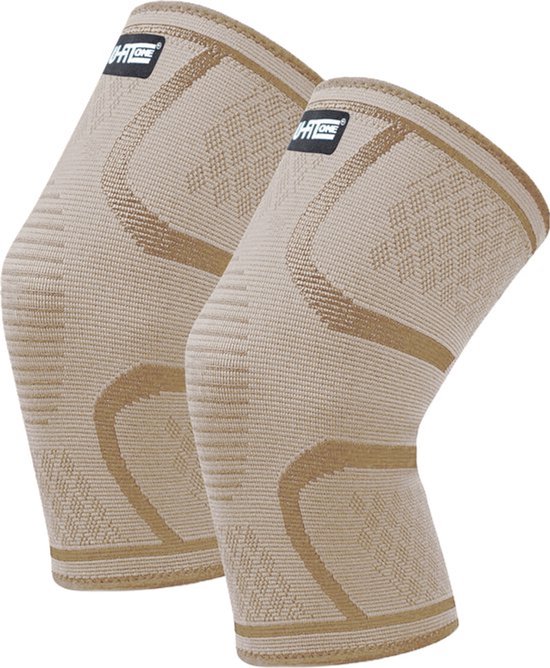Twee beige kniebraces met beige en gouden accenten en het U-Fit One logo.