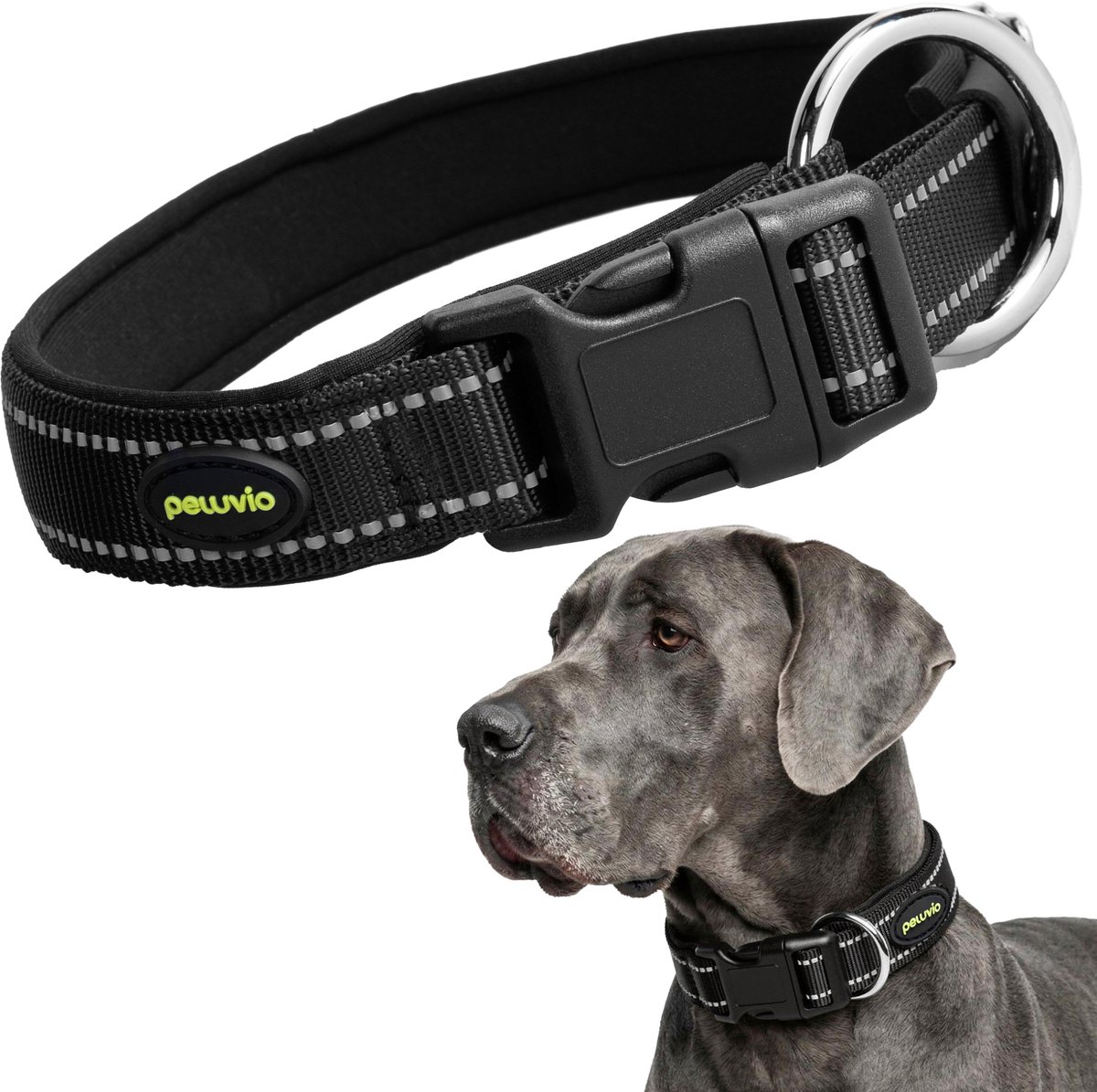 PELUVIO buddy - hondenhalsband - nylon en reflecterend - zwart - maat xxl 60-65 cm - 2,5 cm breed - verstelbare halsband voor extra grote honden