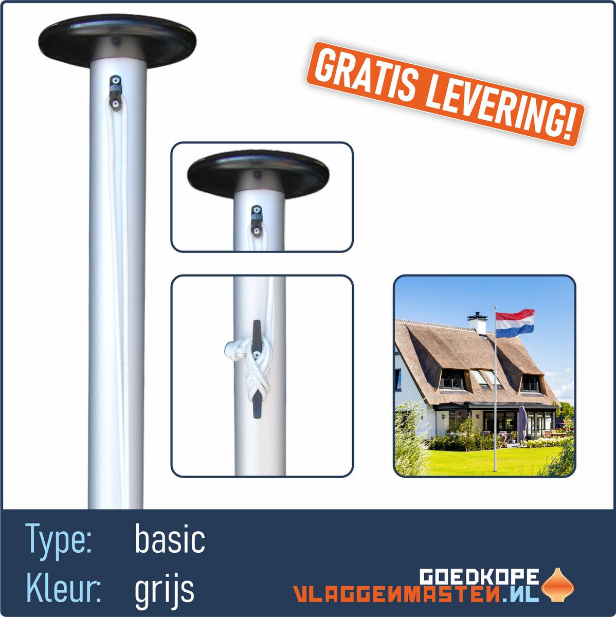 goedkope-vlaggenmasten.nl - vlaggenmast 7 meter grijs, aluminium clilindrisch 75 mm grijs geanodiseerd, incl. kikker, zwarte knop, oog, koord, zonder grondbevestiging. Type BASIC 7507A1