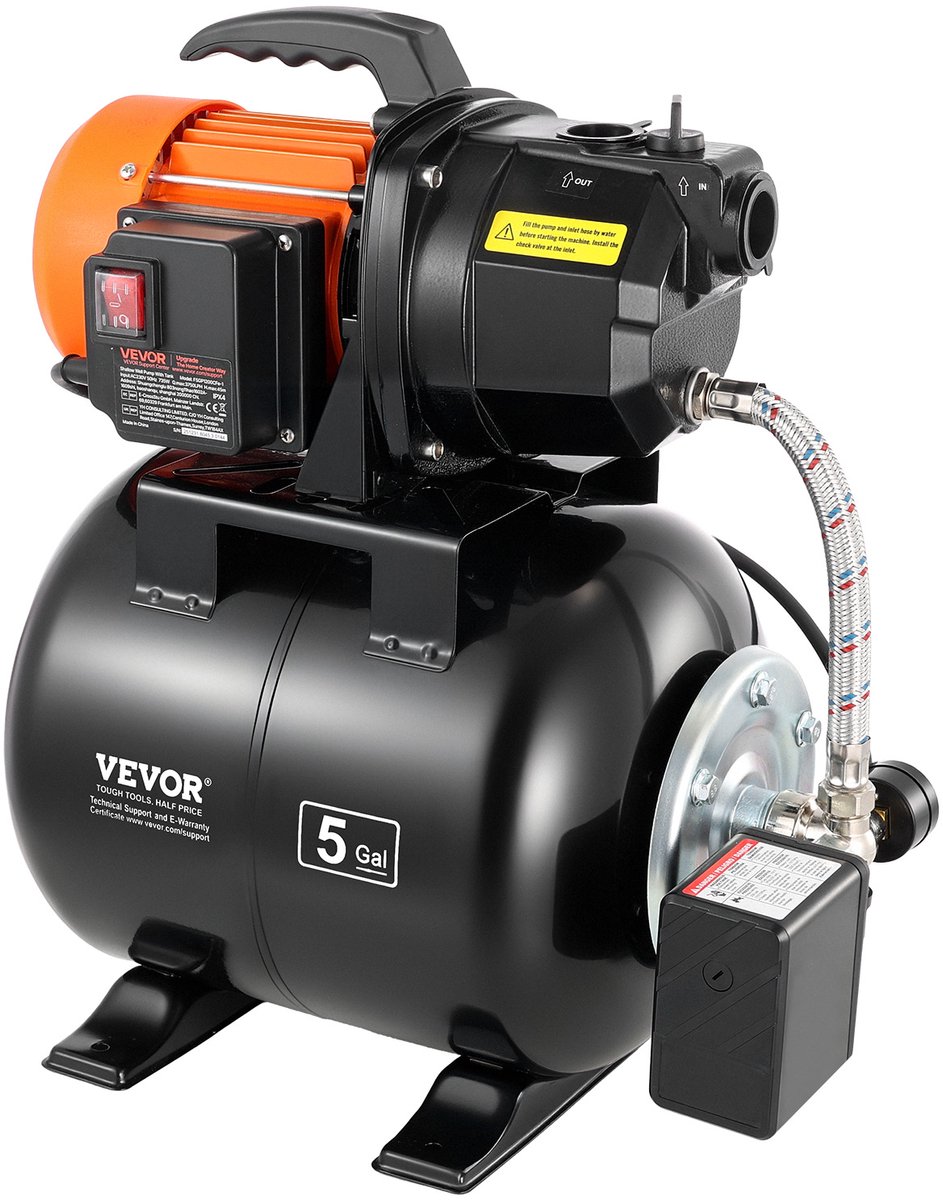 VEVOR Huishoudelijk Waterleidingsysteem 735 W, 3750 L/U Jetpomp met 19 L Drukvat, 45 M Opvoerhoogte, Incl. Automatisch Watertoevoersysteem en Gietijzeren Pompkop, voor Tuinirrigatie en Huishoudelijk Watergebruik
