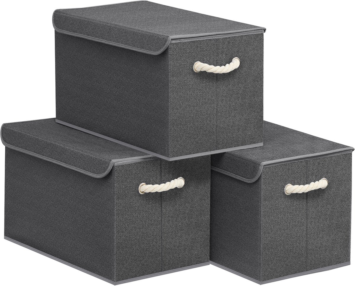 SONGMICS RFB050GZ01 - Opbergboxen met Deksel - 3-Delige Set - Opvouwbaar - Met Handgrepen
