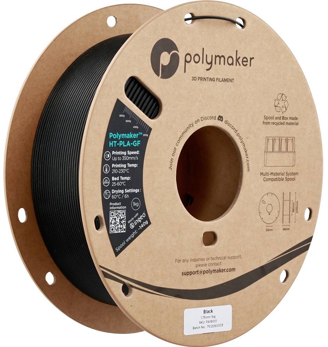 Polymaker PA18001 HT-PLA-GF Filament HT-PLA-GF Warmtebestendig, Glasvezelversterkt, Mat, Highspeed filament 1.75 mm 100 Kleurloos