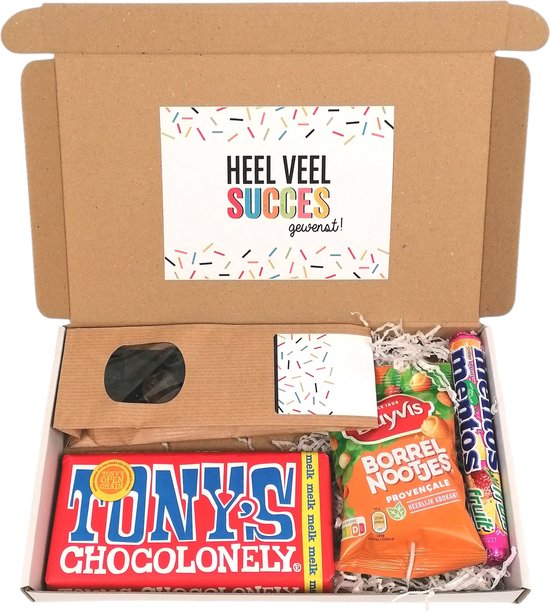 Cadeaupakketje "Heel veel succes gewenst" brievenbus cadeau - Dropmix - Tony Chocolonely - Borrelnootjes - Mentos fruit - succes cadeau - Examen - Nieuwe baan - Rijbewijs - Operatie - Nieuwe uitdaging - Nieuwe woning - Succes en Geluk
