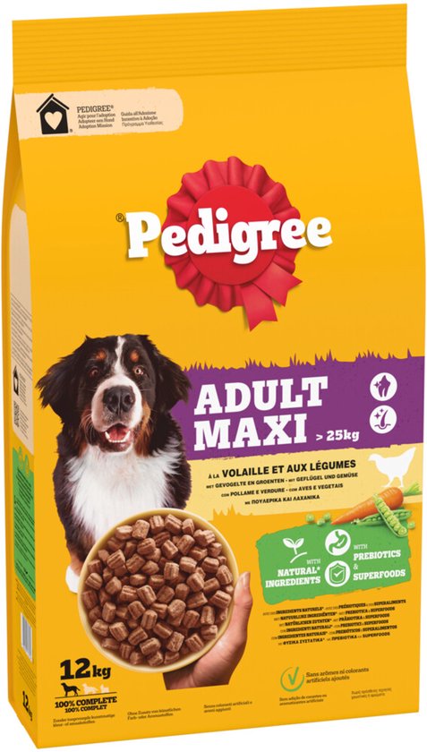 Gele zak Pedigree Adult Maxi hondenvoer met gevogelte en groenten. Met prebiotica & superfoods. 12kg.
