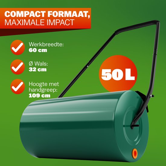 Groene tuinwals met groene trommel, 60 cm werkbreedte, 32 cm walsdiameter, 109 cm hoog.