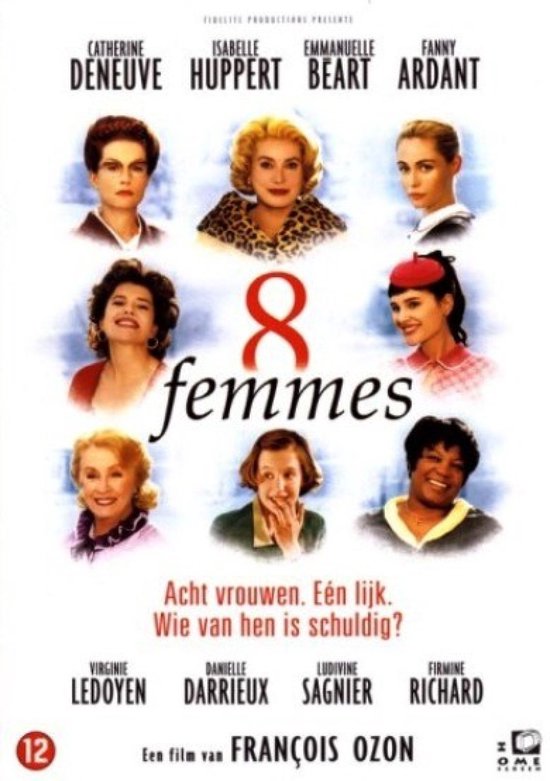 Affiche van '8 Femmes' met een collage van de acht hoofdrolspeelsters en de titel.