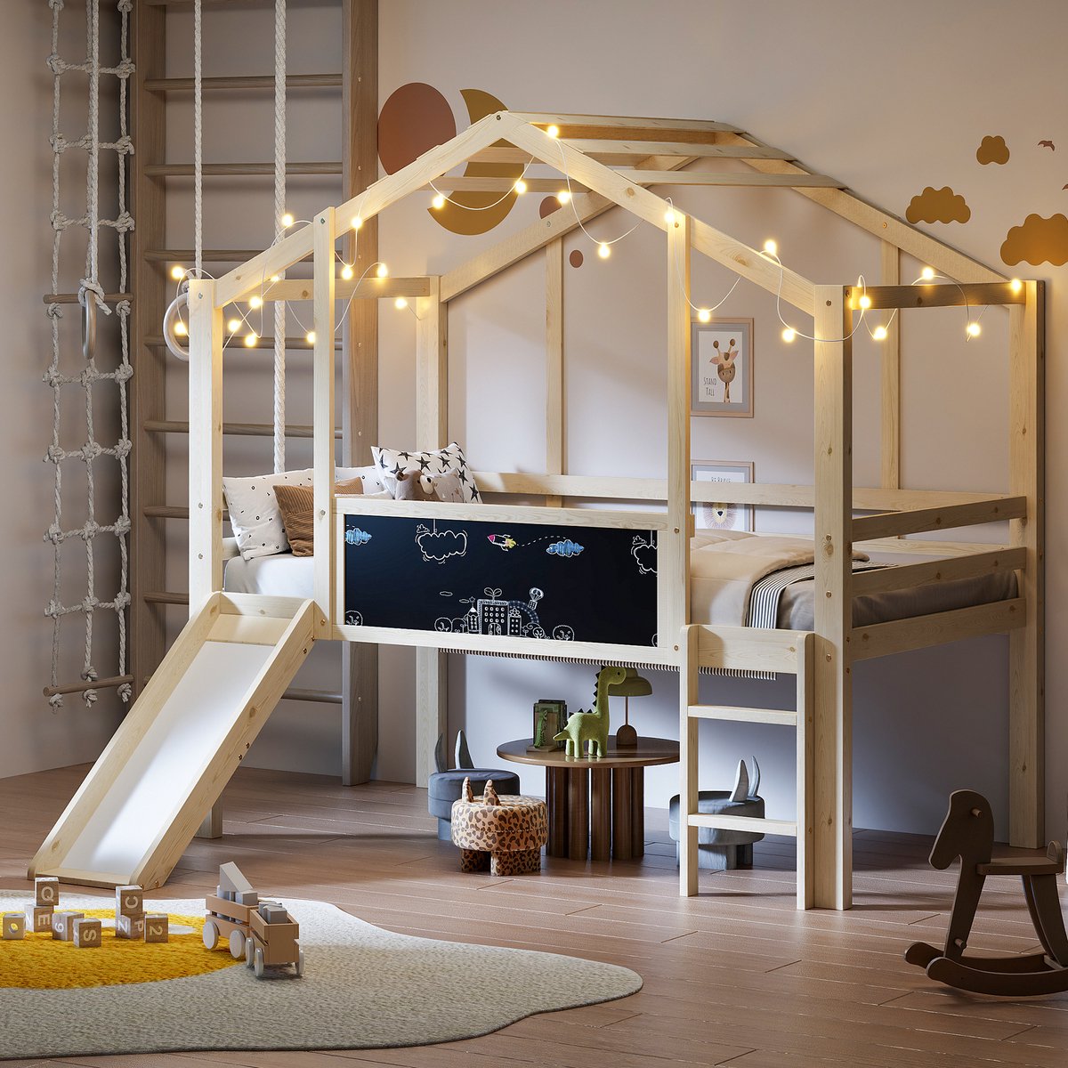Kinderbed 90 x 200 cm, Hoogslaper met Veiligheidsladder en Glijbaan, met Graffiti-bord, Multifunctioneel Bed, Massief Houten Bed, Eenpersoonsbed, Stapelbed,Houtkleur