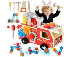 Gereedschapsset Cadeau - 34-delig Montessori Houten Speelgoed - met Werkbank & Brandweerauto - Educatief Speelgoed - Bevordert Fijne Motoriek Jongens en Meisjes
