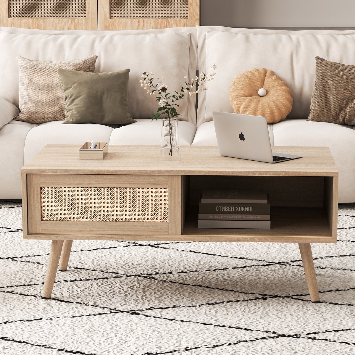 REDOM Salontafel - Met Schuifdeur En Opbergruimte - Rotanlook - Voor Woonkamer - MDF - Natuurlijke Houtkleur Natuurlijk hout