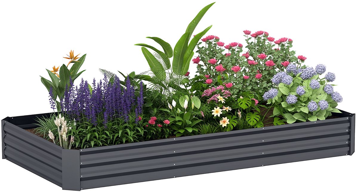 Killogood Buitenplantenbak gegalvaniseerde vierkante plantenbak met veiligheidsrand en open bodem 240 x 120 x 30 cm donkergrijs