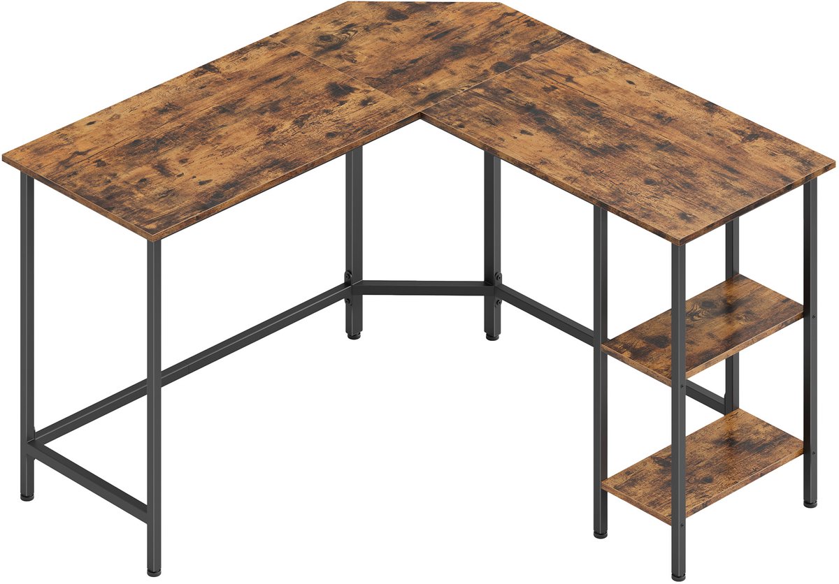 Vasagle Bureau - L-vormig Computerbureau - Hoekbureau met 2 Planken - Ruimtebesparend voor Kantoor Thuis Vintagebruin-Zwart