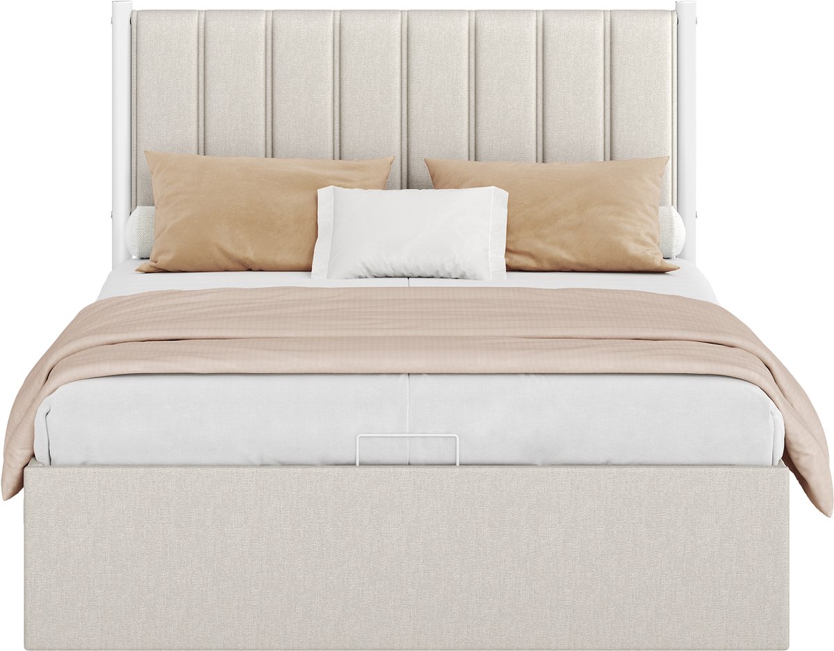 VASAGLE - Bed - Met Opklapbare Lattenbodem - Opbergruimte Onder Bed - Met Hoofdbord