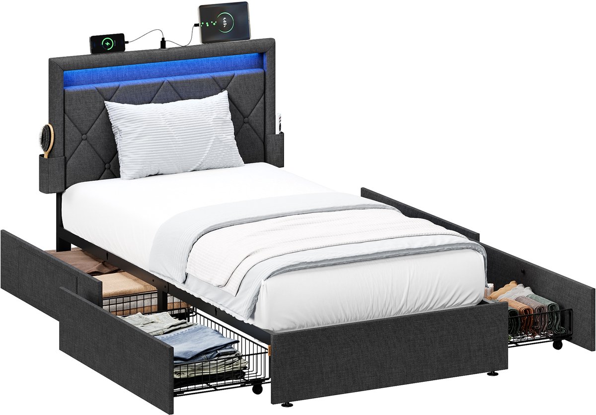 Vasagle Bed - Met Verlichting - 4 Lades - Oplaadstation Grijs