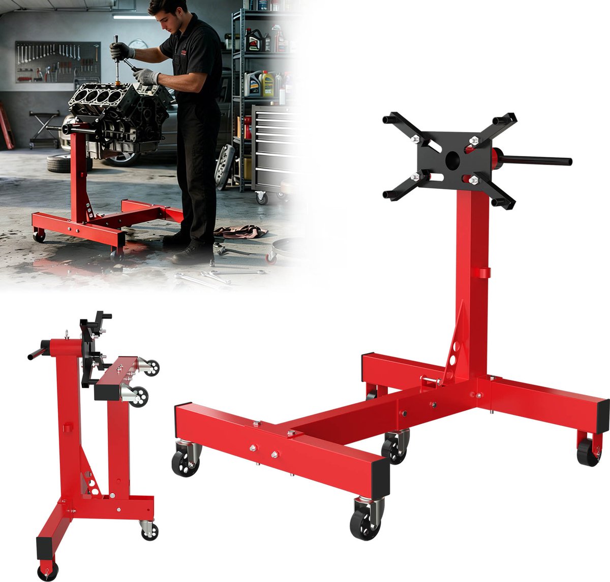 ACXIN Motorstandaard Auto – Motorsteun Motorblok Houder Staal – 360° Draaibare Kop – 4 Verstelbare Armen – Met 5 Wielen en Antislip Handgreep voor Werkplaats en Garage – 680 KG