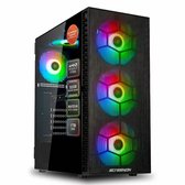 Zwarte pc-behuizing met glazen zijpaneel en RGB-ventilatoren, met specificaties zoals AMD Ryzen 7, 32GB RAM, NVIDIA RTX 5060 en 1TB SSD.