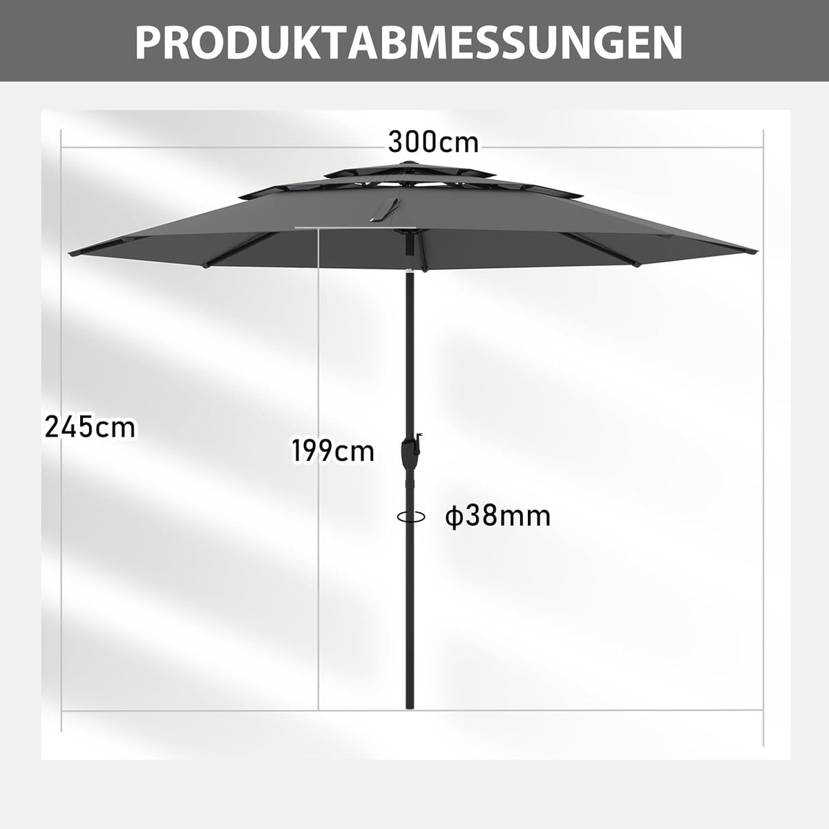 Tuinparasol Rechthoekig 300 x 200 cm – Bellavero Deluxe Outdoor Parasol met UV50+ Zonbescherming, 30° Kantelbaar, Waterafstotend, Handslinger, Geventileerd, Voor Tuin, Balkon en Terras, Zonder Para...
