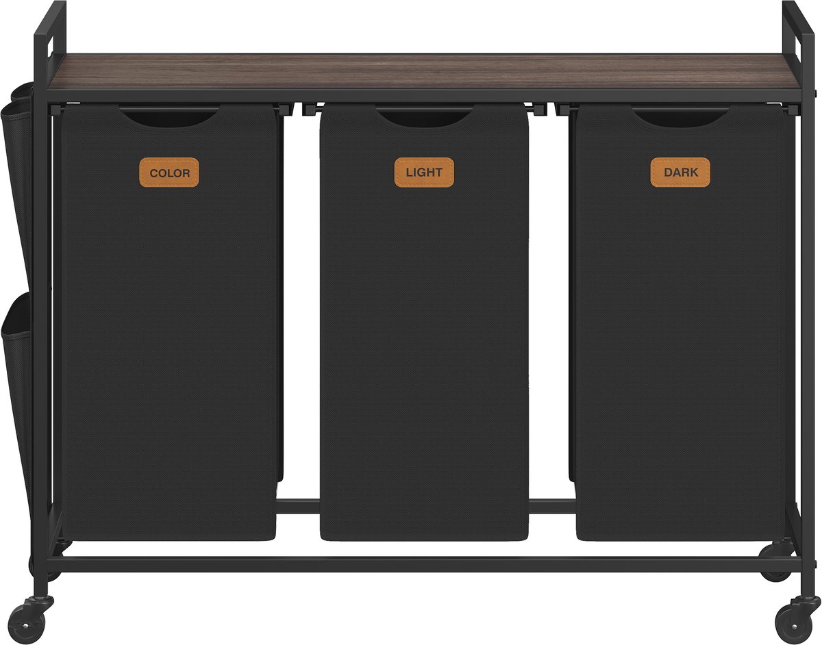 VASAGLE BLH223BH01 - Wasmand met Wieltjes - 3 Vakken - Met Opbergrek - 150 L Capaciteit
