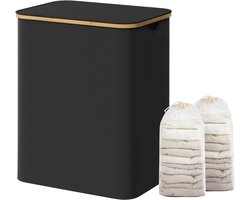 SONGMICS LCB513B01V1 - Wasmand met 2 Vakken - Opvouwbaar Deksel - Afneembare Waszak - Bamboe Handgrepen