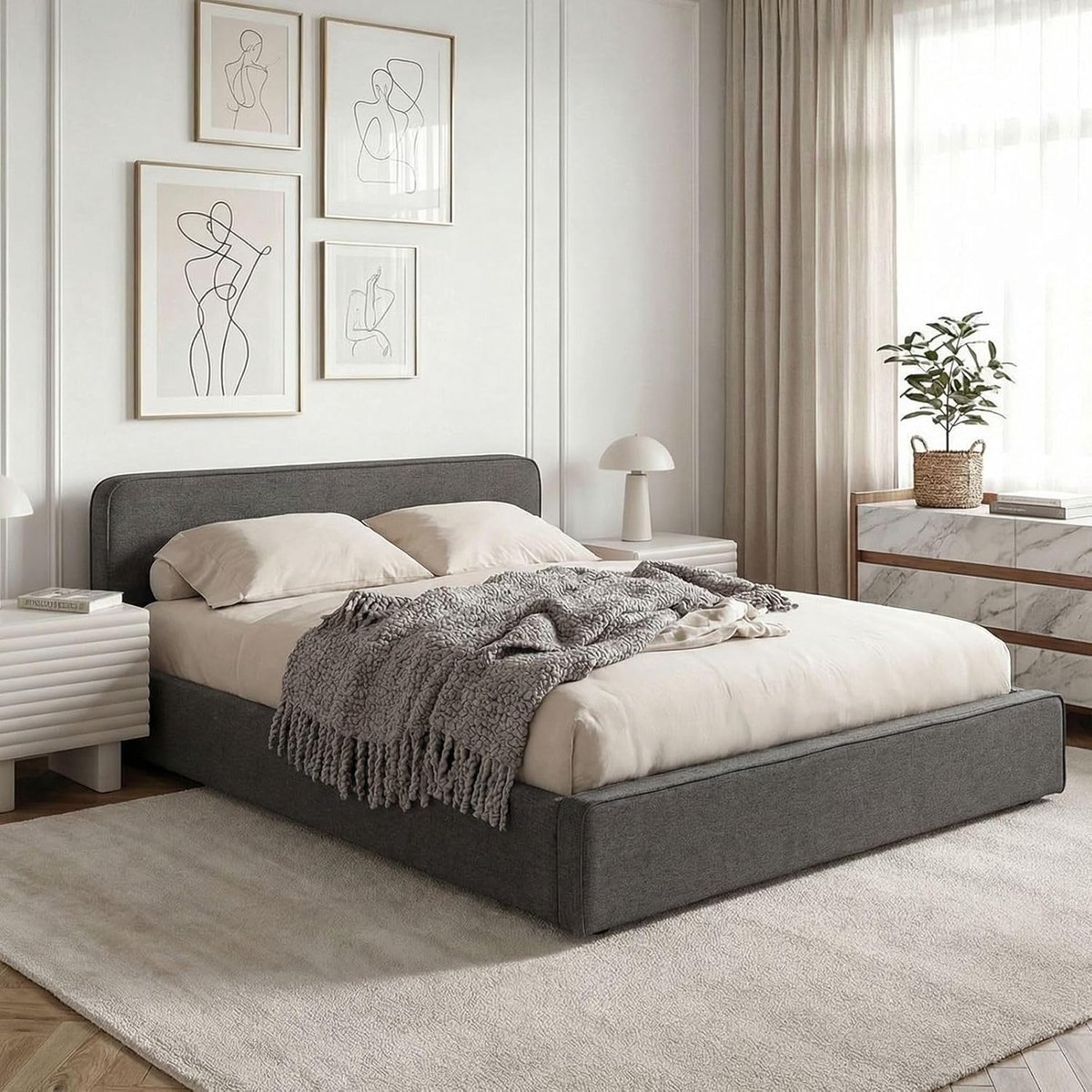 Gestoffeerd Tweepersoonsbed 140x200 cm Donkergrijs met Lattenbodem – Modern Design, Zacht Hoofdbord, Stevig Houten Frame, Comfortabel & Duurzaam Slaapbed – Urbanhome