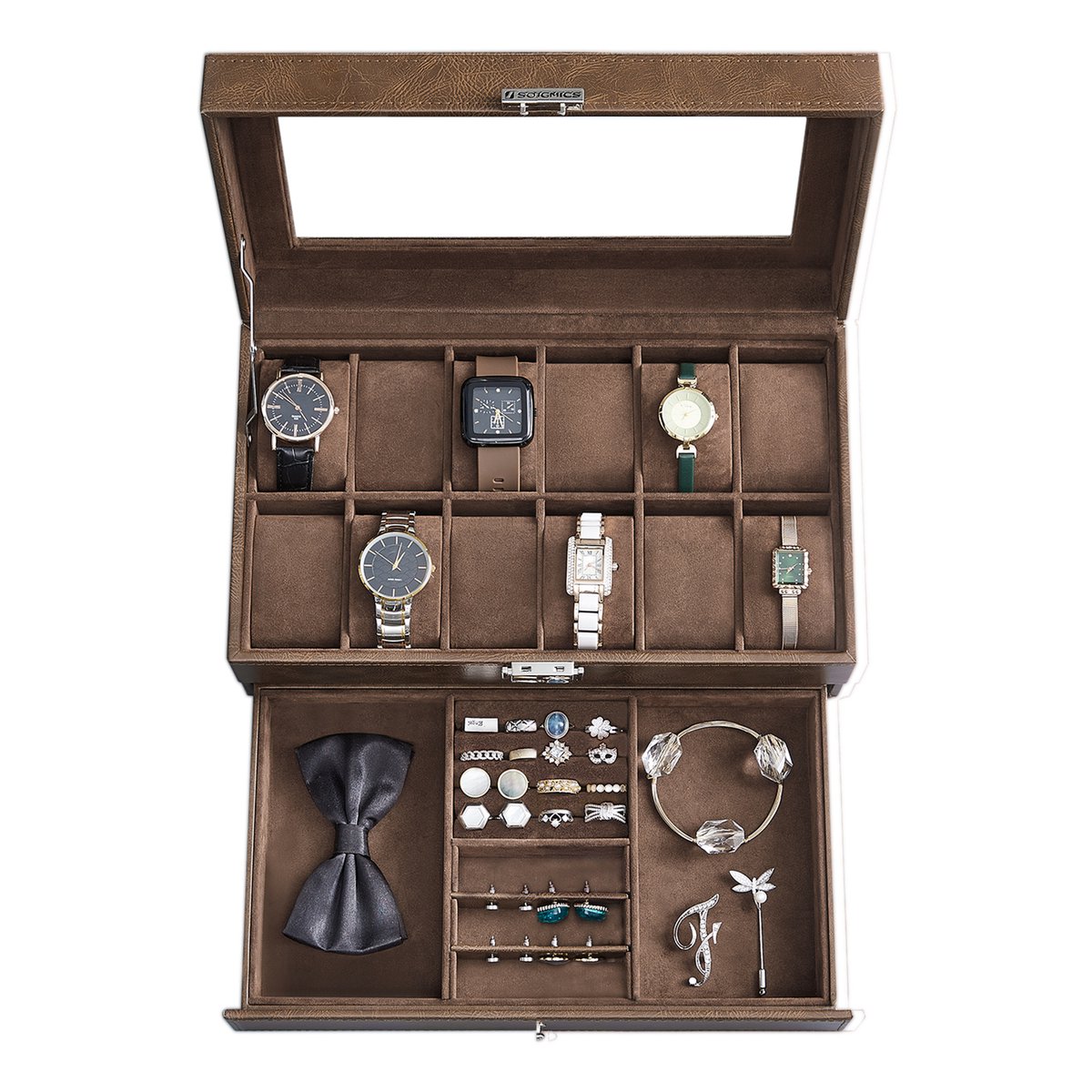 SONGMICS JWB012K01 - Horlogebox met Glazen Deksel - 2 Lagen - Voor 12 Horloges - Afsluitbaar met Lade