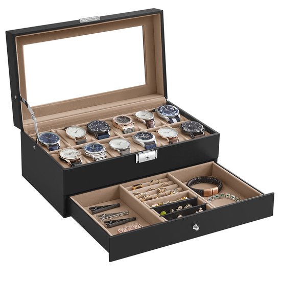 Boîte à montres noire avec couvercle en verre ouvert, présentant 12 montres dans le compartiment supérieur et des bijoux dans le tiroir ouvert.