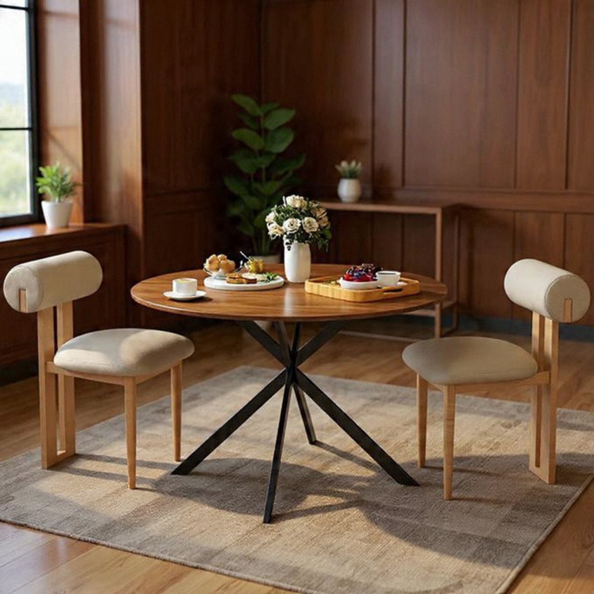 Ronde Industriële Eettafel Ø120 cm voor 4 personen - Luxe Keukentafel met Stalen Poten - Eiken Houtlook - Perfect voor Eetkamer, Keuken & Thuiswerkplek Casa Serena – 120 cm – Casa Dorada