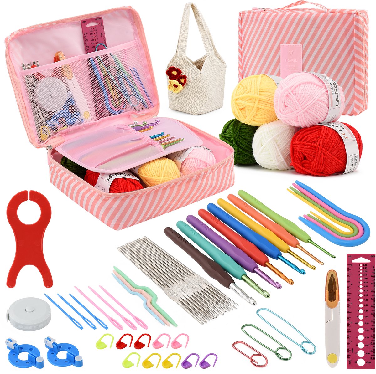 58 Delige Haaknaaldenset voor Beginners – Met 6 Wollen Bolletjes, Ergonomische Haaknaalden 2,0-6,0 mm, Roze Opbergtas & Complete Accessoires voor DIY