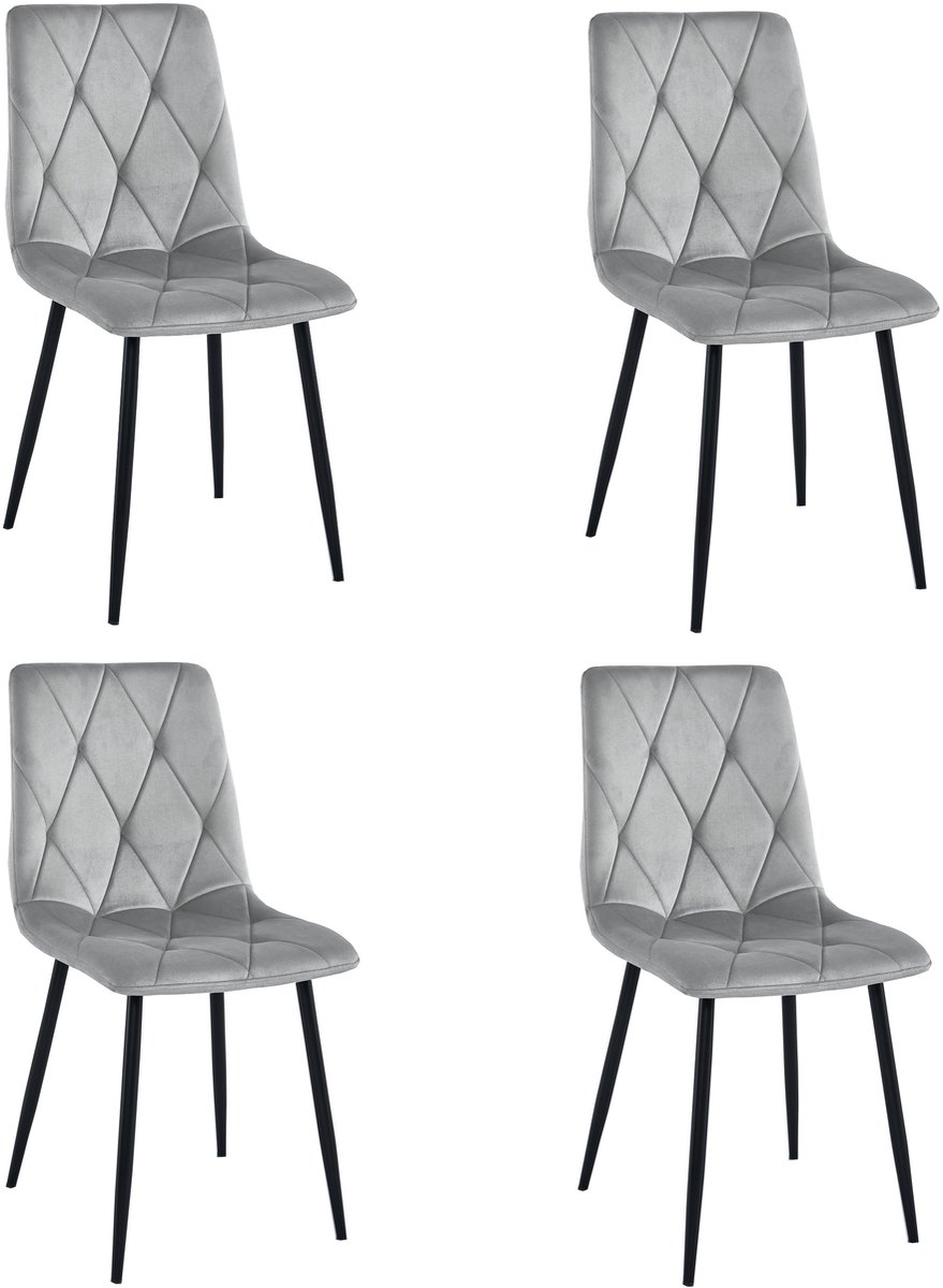 Set van 4 Eetkamerstoelen LIBRA Zilvergrijs – Zwarte Metalen Poten, Modern Velvet Bekledin