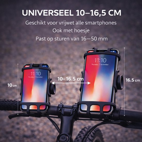 Twee zwarte telefoonhouders op fietssturen, met afmetingen 10-16,5 cm weergegeven.