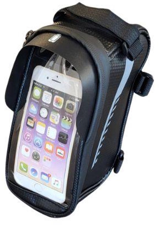 Zwarte fiets frametas met telefoonhouder en touchscreen, met een iPhone erin. Grijze streep aan de zijkant.