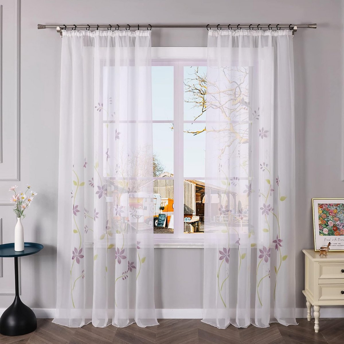 Transparant Vitrage Gordijn met Bloemenprint en Plooiband