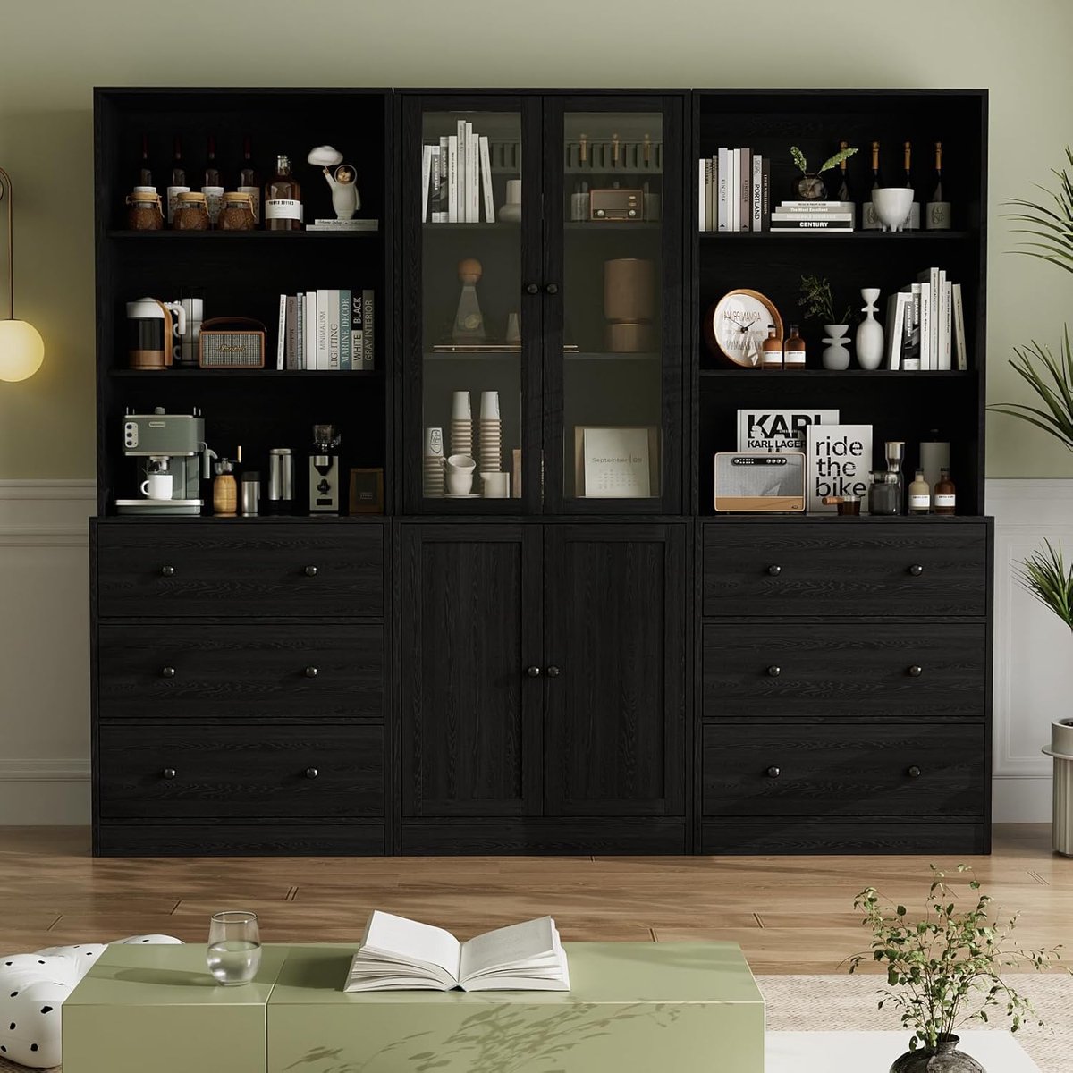 Vitrinekast 5 verdiepingen met glazen deuren 39,9x60x180 cm – Moderne opbergkast voor woonkamer, keuken en kantoor – Inclusief laden en planken – Zwart – ABKantoor
