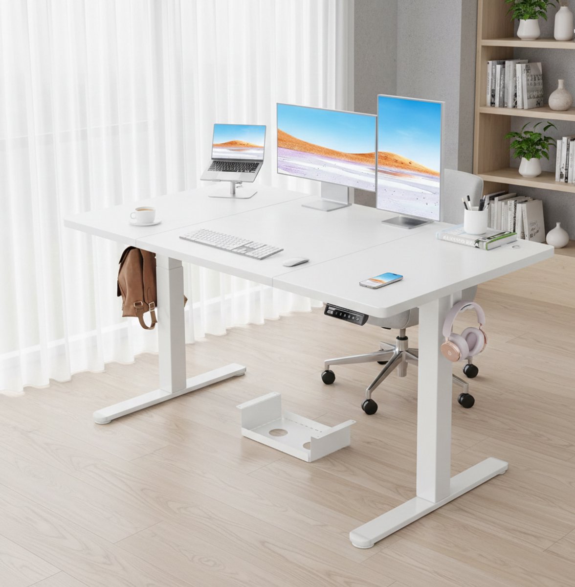 Premium Elektrisch Zit-Sta Bureau - Modern Ergonomisch Verstelbaar Bureau 140x80 cm - Naturel Houten Tafelblad & Metalen Onderstel - Fluisterstille Motor, Programmeerbare Hoogteinstellingen 72-118 cm - Wit,Casa Serena