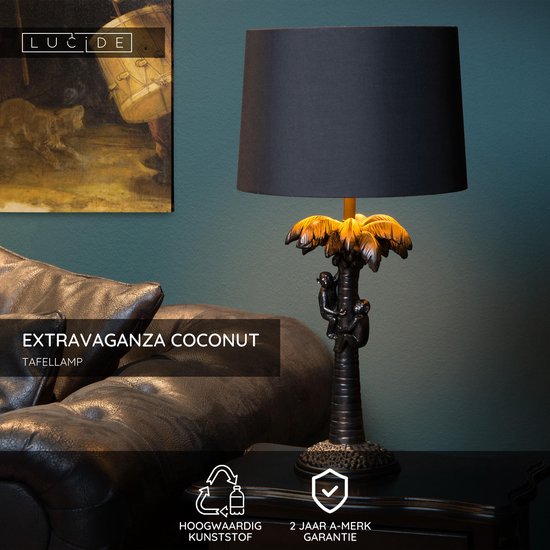 Zwarte tafellamp met kokospalmvoet, gouden bladeren en klimmende apen. 'Extravaganza Coconut'.