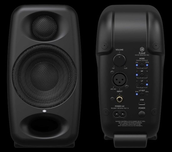 Zwarte iLoud Micro Monitor Pro studiomonitor, voor- en achteraanzicht met bedieningselementen.