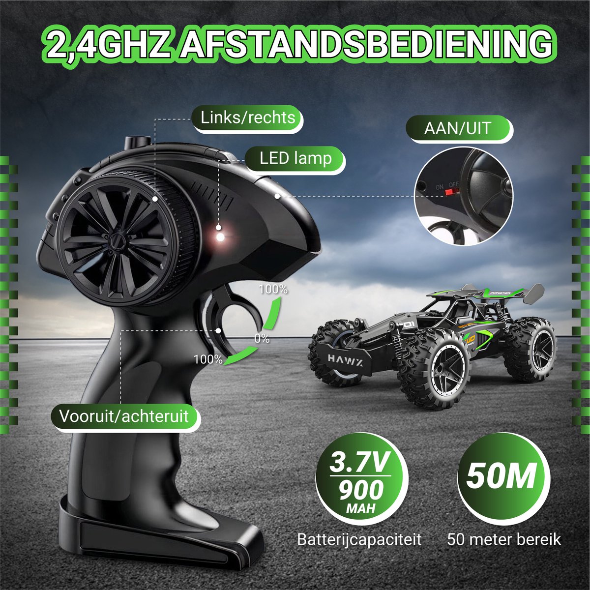 HAWX Bestuurbare Auto - RC Auto - Race Auto - Monstertruck - Afstandsbestuurbare Auto - Volwassenen en Jongens - Voor Buiten - Incl. 3 Batterijen, 8 Verkeerskegels — afbeelding 3