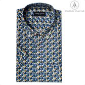 Chris Cayne heren overhemd - korte mouw - 4XL - borstzak - blauw/groen/oker - geprint dessin - 100 % Katoen - borstzak